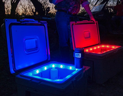 Two coolers illuminated from the inside.