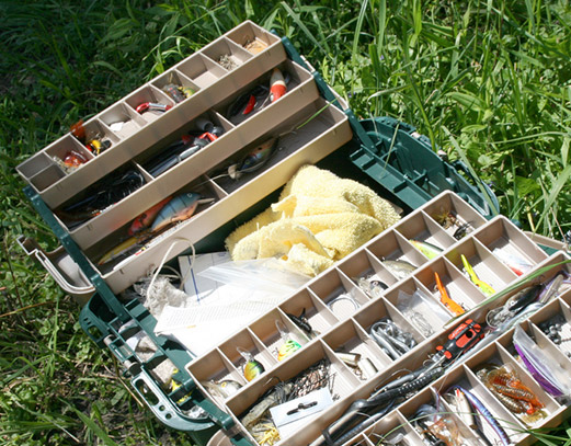 Open tackle box sitting on the grass.